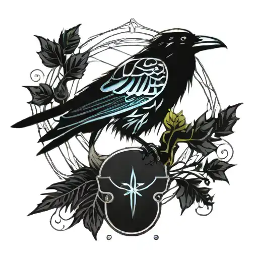 Raven sits on a branch of ivy and vine tattoo design idea