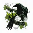 A raven sits on a branch of ivy and climbing vines, a lot of vines and ivy tattoo design idea