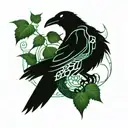 A raven sits on a branch of ivy and climbing vines, a lot of vines and ivy tattoo design idea