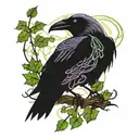 A raven sits on a branch of ivy and climbing vines, a lot of vines and ivy tattoo design idea
