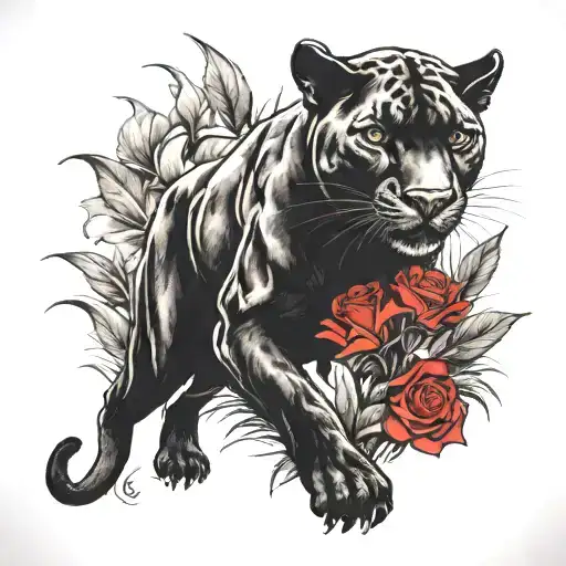simple panther walking in a feild of white liles and one red rose tattoo design idea