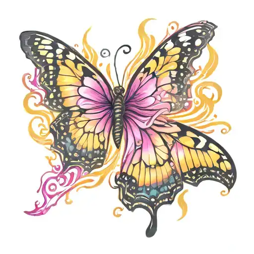 butterfly wings on fire rising pink and yellow   tattoo design idea