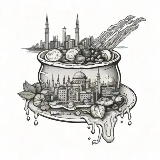 Design a tattoo of a plate of delicious food with Istanbul skyline in the background tattoo design idea