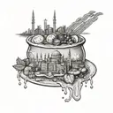 Design a tattoo of a plate of delicious food with Istanbul skyline in the background tattoo design idea