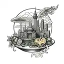 Design a tattoo of a plate of delicious food with Istanbul skyline in the background tattoo design idea