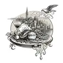 Design a tattoo of a plate of delicious food with Istanbul skyline in the background tattoo design idea