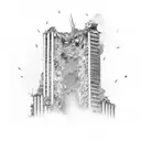 crumbling skyscraper in rubble tattoo design idea