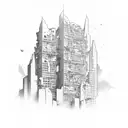 crumbling skyscraper in rubble tattoo design idea
