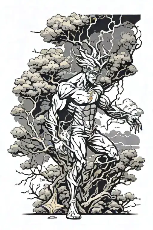 the character flash standing in front of minka structure with thunderstorm clouds and tree branches  tattoo design idea