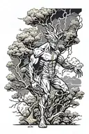 the character flash standing in front of minka structure with thunderstorm clouds and tree branches  tattoo design idea