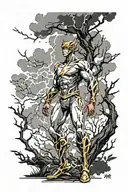 the character flash standing in front of minka structure with thunderstorm clouds and tree branches  tattoo design idea