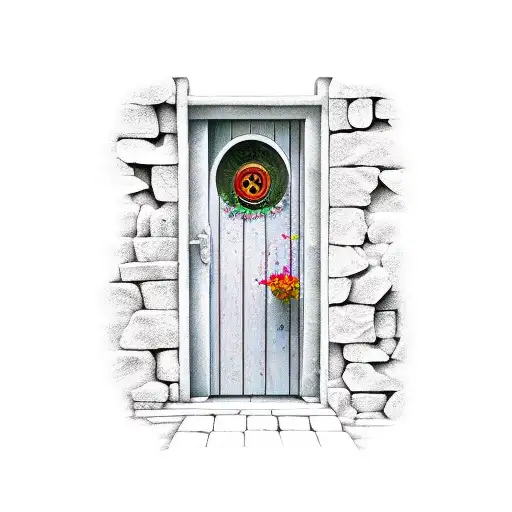 hobbit door with rose garden tattoo design idea