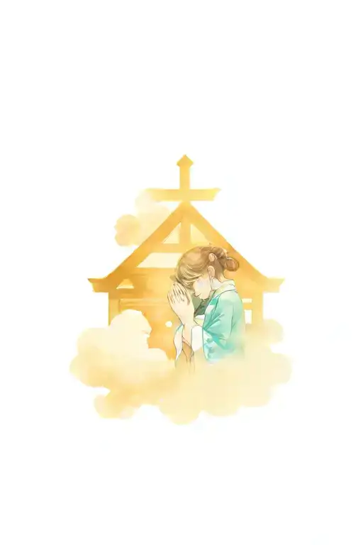 Tenki no ko girl praying hands under tori gate surrounded by clouds tattoo design idea