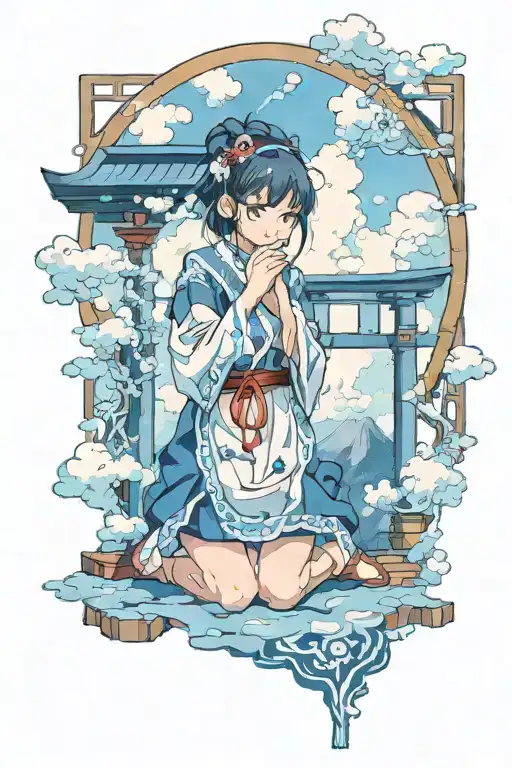 Tenki no ko girl praying under tori gate surrounded by clouds of white and blue in shades of blue and white tattoo design idea
