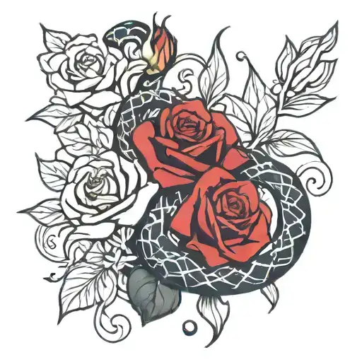 red rose and lilys and snake wrapped tattoo design idea