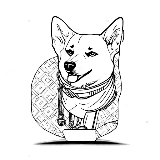A silhouette of a Shiba dog sitting on a suitcase with a passport and airplane in dotwork style. tattoo design idea