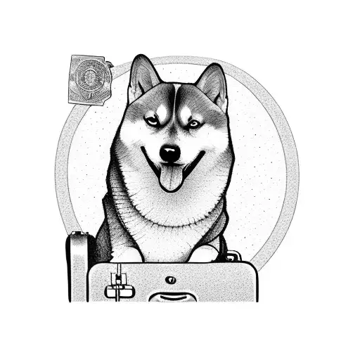 A silhouette of a Shiba dog sitting on a suitcase with a passport and airplane in dotwork style. tattoo design idea