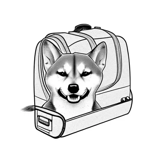 A silhouette of a Shiba dog sitting on a suitcase with a passport and airplane in dotwork style. tattoo design idea