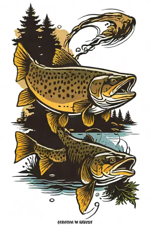 big brown trout flyFishing norway pine trees tattoo design idea