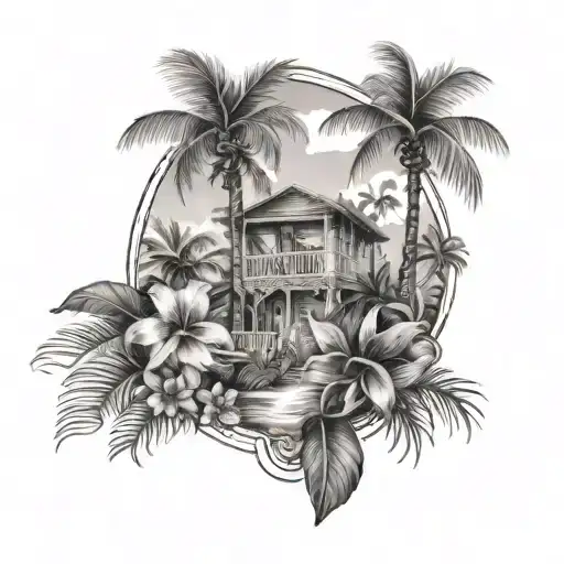 Black and white tropical tattoo with a key west theme tattoo design idea