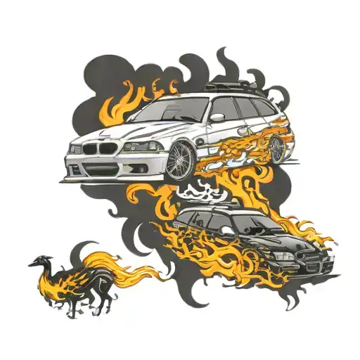 BMW E46 touring with flames and smoke billowing tattoo design idea