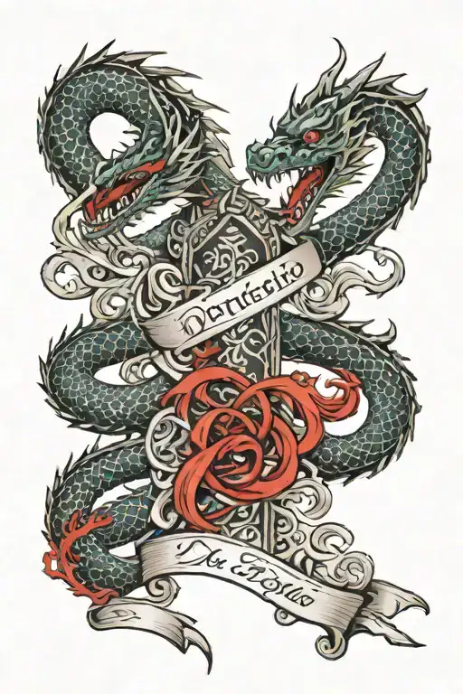 Dragon winding up a sword, with McBrydie in ancient scroll across the top and our names d Adrian, Kieran, Shirley and Ia tattoo design idea