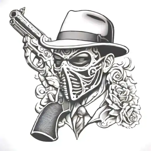 gangster mask and gun shooting tattoo design idea