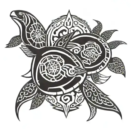 two polynesian turtles, one smaller than the other with halo and wings tattoo design idea
