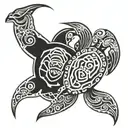 two polynesian turtles, one smaller than the other with halo and wings tattoo design idea