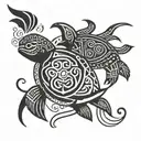 two polynesian turtles, one smaller than the other with halo and wings tattoo design idea