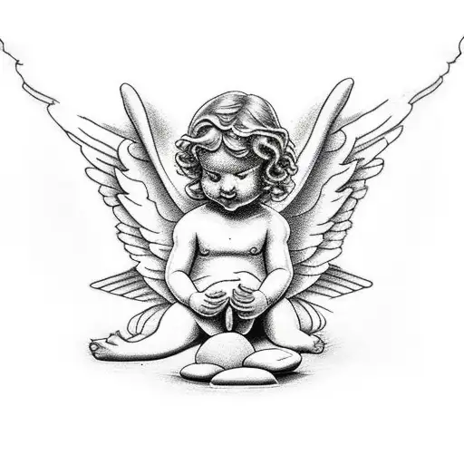 Angel sitting on a rock under an apple tree tattoo design idea