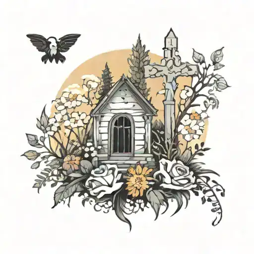 Tattoo Of A Hauntingly Beautiful Graveyard Scene With Wildflowers tattoo design idea