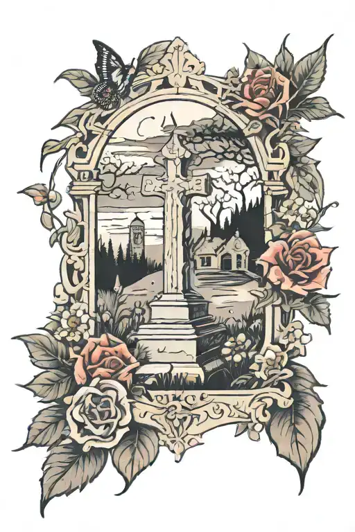 Tattoo Of A Hauntingly Beautiful Graveyard Scene With Wildflowers around the edges tattoo design idea