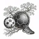 tree of life in the central part, on the sides there is a book resting on the tree and on the other side a soccer ball,  tattoo design idea