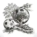 tree of life in the central part, on the sides there is a book resting on the tree and on the other side a soccer ball,  tattoo design idea
