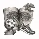 tree of life in the central part, on the sides there is a book resting on the tree and on the other side a soccer ball,  tattoo design idea