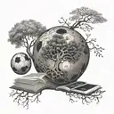 tree of life in the central part, on the sides there is a book resting on the tree and on the other side a soccer ball,  tattoo design idea