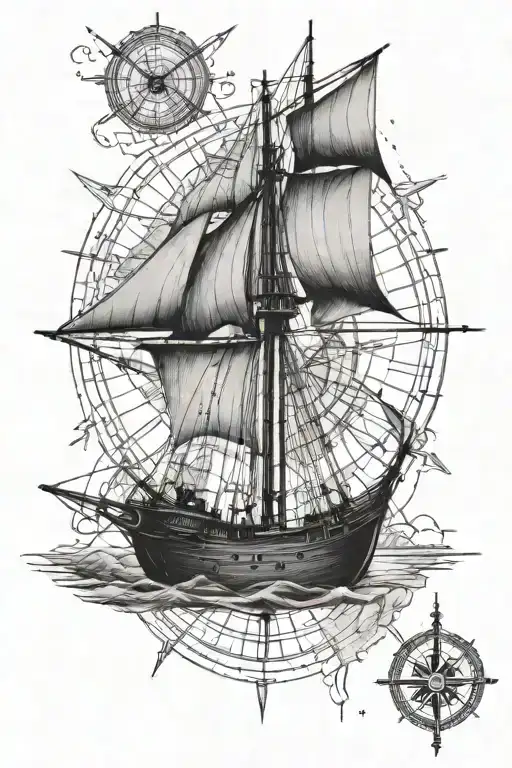 Traditional sailing boat, in the background an old nautical chart, a modern compass tattoo design idea