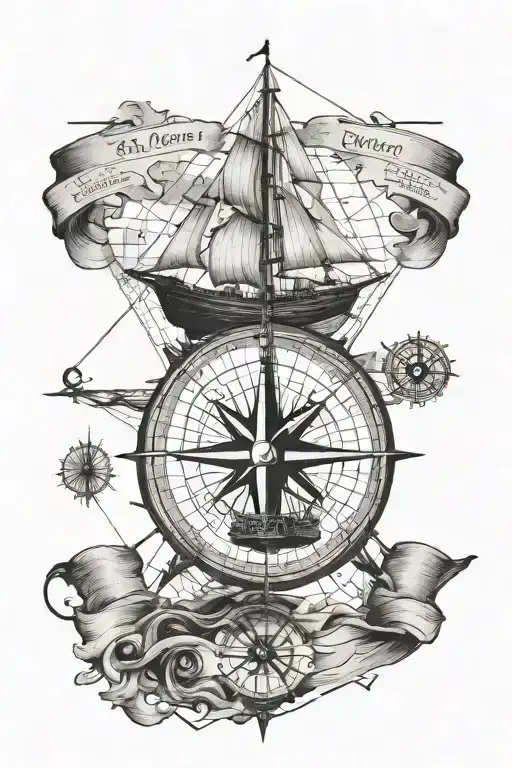 Traditional sailing boat, in the background an old nautical chart with quadrants, a modern compass tattoo design idea