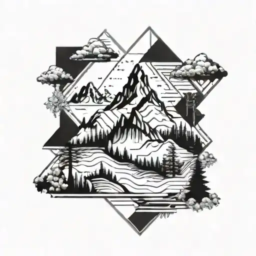 A geometric mountain landscape with a hidden gym equipment integrated into the design tattoo design idea