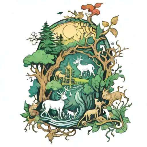 A mystical forest scene with animals and Wiccan symbols intertwined tattoo design idea