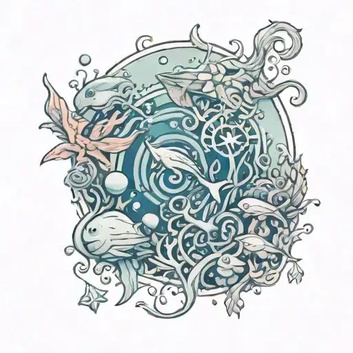 An underwater scene with ocean creatures and Wiccan elements tattoo design idea