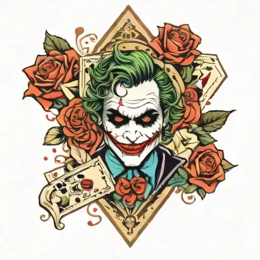 Joker card with playing card symbol and card everywhere and roses tattoo design idea