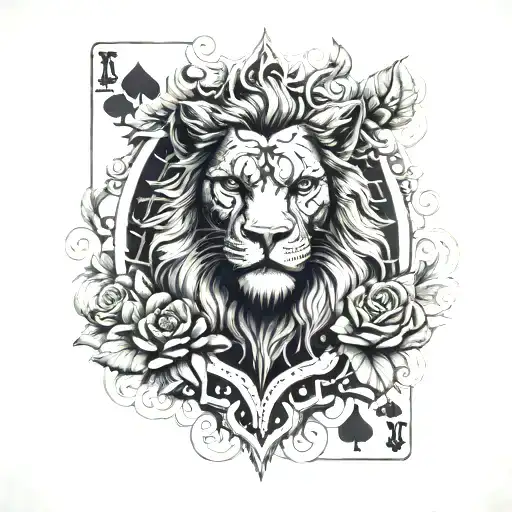 JOKER playing CARD with a lion head instead of the regular headom , with some Mexican style with flowers and clocks tattoo design idea