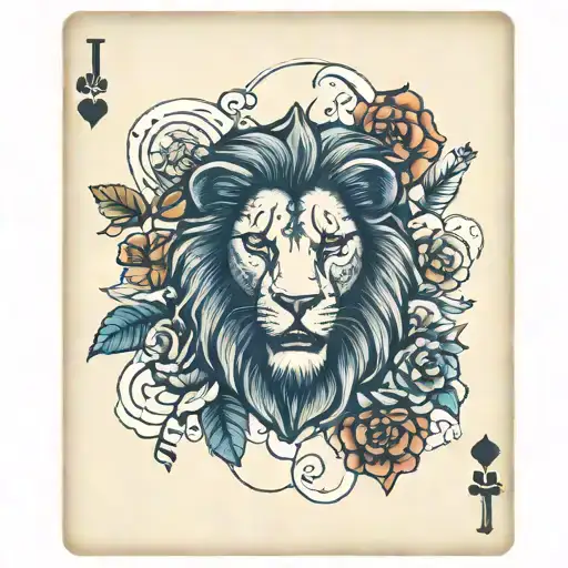 Lion joker playing card with the J from Joker, with some Mexican style with flowers and clocks tattoo design idea