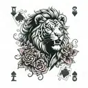 JOKER playing CARD with a lion head instead of the regular headom , with some Mexican style with flowers and clocks tattoo design idea