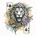 JOKER playing CARD with a lion head instead of the regular headom , with some Mexican style with flowers and clocks tattoo design idea