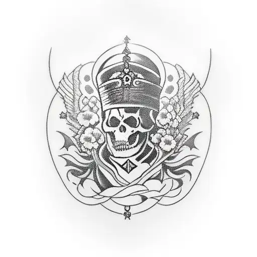 Death in a black robe plays the bandura with a viburnum wreath on his head.  The mantle has a Ukrainian ornament on it.  tattoo design idea