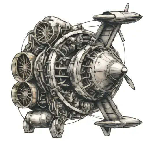 Combine the imagery of a rugby scrum with the mechanics of an airplane engine, symbolizing your diverse occupations as a pilot, engineer, and rugby player tattoo design idea