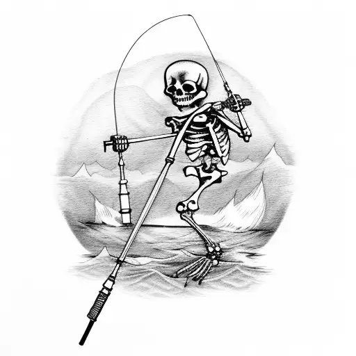 skeleton with fishing pole in boat tattoo design idea